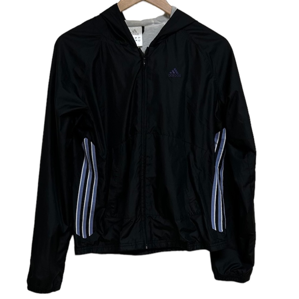 Adidas Windbreaker with Hood  (Black with Violet & White Stripes) Size Medium